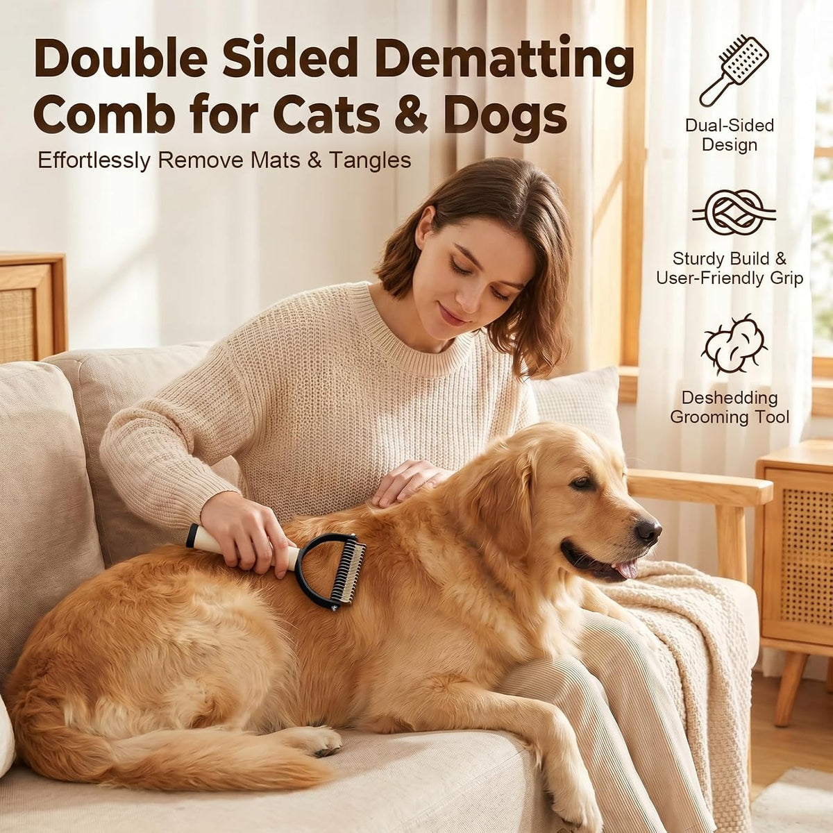 Double Sided Dematting Comb for Cats & Dogs, Deshedding Grooming Tool, Gentle Mat Remover Detangler for Long Thick Haired Pets, Shedding & Detangling Brush