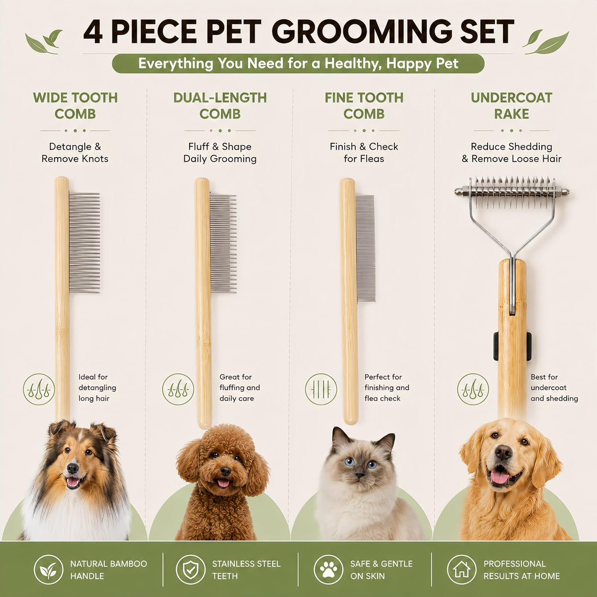 Cat Undercoat Rake & Dematting Comb, 4-in-1 Bamboo Grooming Tool