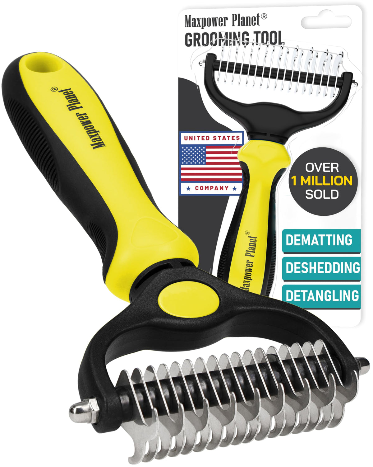 Maxpower Planet Pet Grooming Brush - Double Sided, Extra Wide for Dogs and Cats - Dematting Undercoat Rake, Reduces Shedding by 95%, Purple