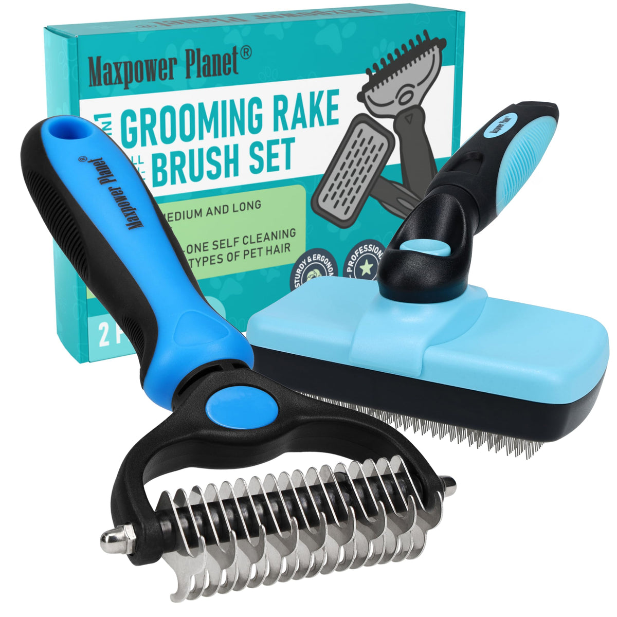 Maxpower Planet Hair Brush - Double Sided Shedding, Dematting Undercoat Rake for Dogs and Cats, Extra Wide Dog Grooming Brush, Reduce Shedding by 95%, Black