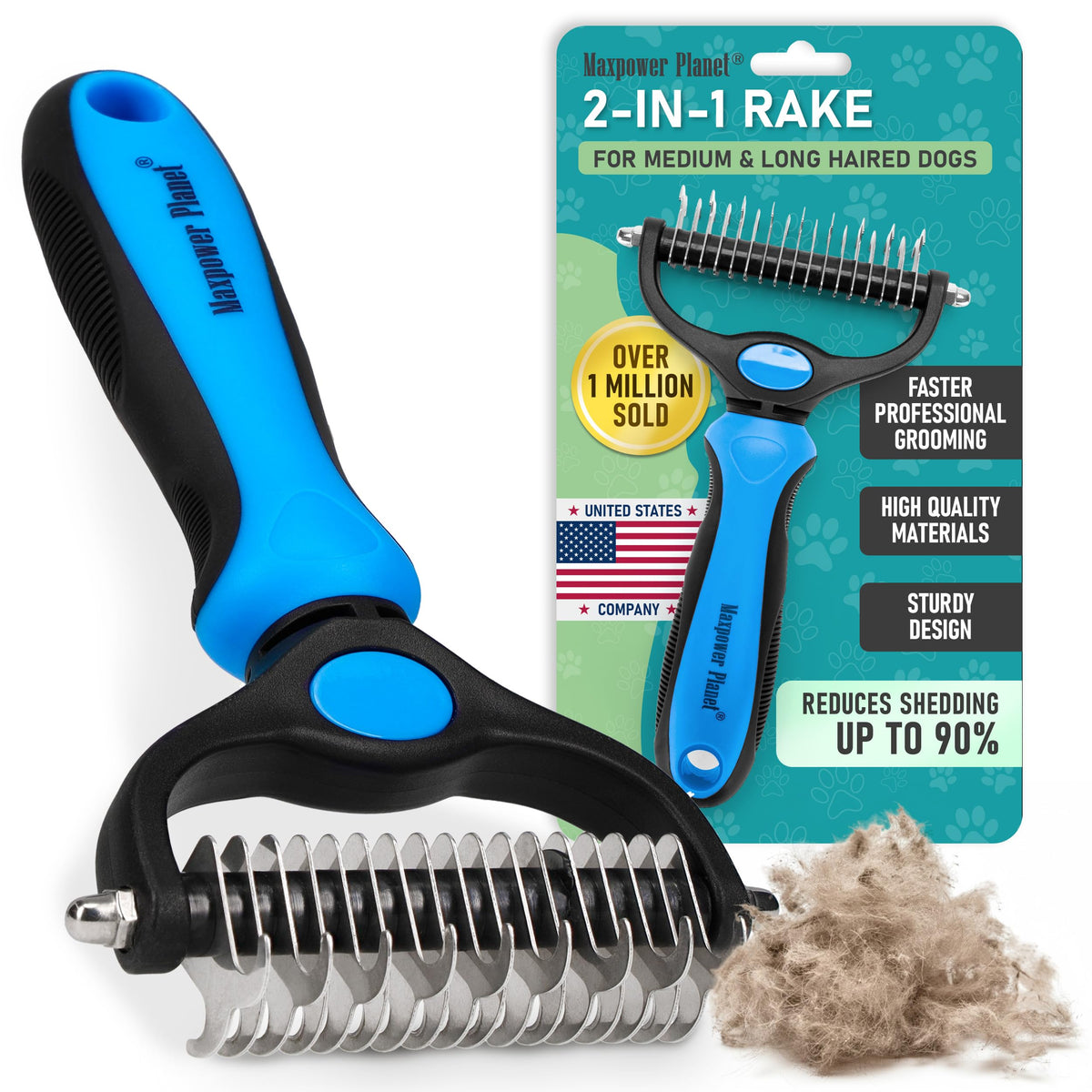 Maxpower Planet Hair Brush - Double Sided Shedding, Dematting Undercoat Rake for Dogs and Cats, Extra Wide Dog Grooming Brush, Reduce Shedding by 95%, Black