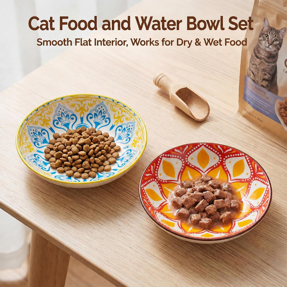 Ceramic Cat Food Bowls 6 Pack – Shallow Cat Bowl with Non-Slip Silicone Base, Whisker-Fatigue Dishes for Indoor Cats Puppy – Microwave Dishwasher Safe – 5.3 oz Cute Pet Plates for Wet Dry Food Water