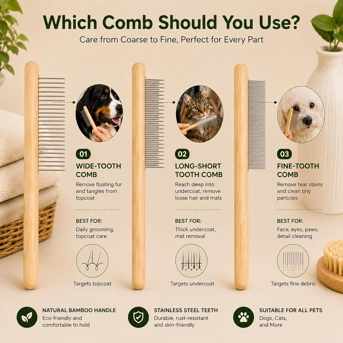 Cat Undercoat Rake & Dematting Comb, 4-in-1 Bamboo Grooming Tool