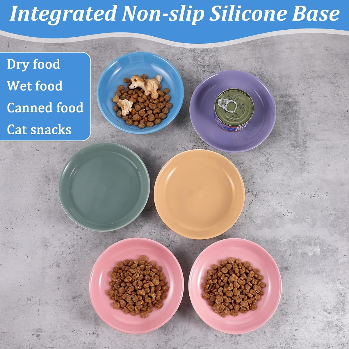 6 Pack Ceramic Cat Food Bowls, Non-Slip Shallow Cat Dishes with Silicone Base, Whisker Friendly Pet Bowls for Indoor Cats, Kittens, and Small Dogs, Multicolor