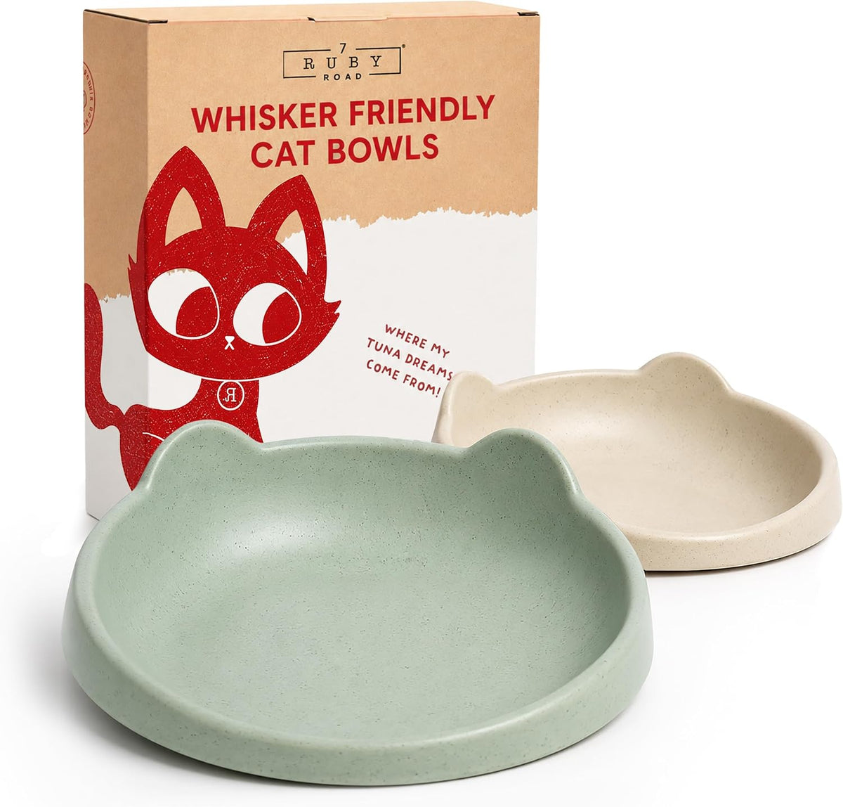 7 Ruby Road Shallow Cat & Kitten Food Bowls, Whisker Friendly, Set of 2