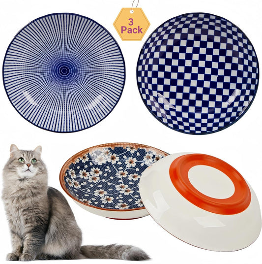 Whisker Fatigue Cat Bowl, Ceramic Cat Food Bowl Non-Slip, 3-Pack, 8oz, Boho