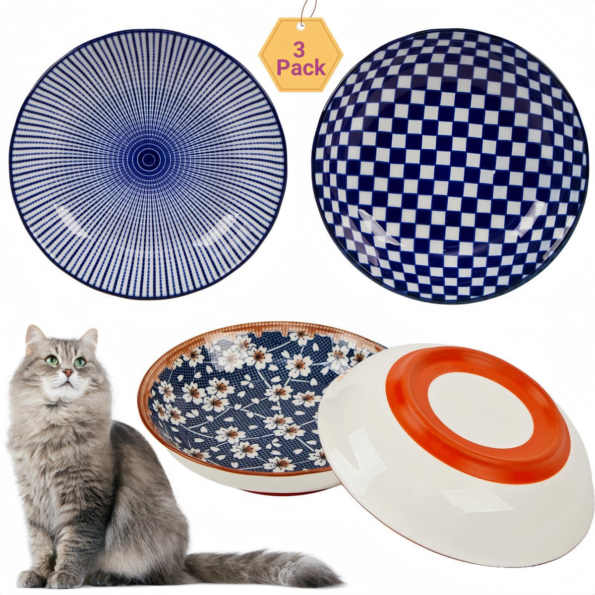 Whisker Fatigue Cat Bowl, Ceramic Cat Food Bowl Non-Slip, 3-Pack, 8oz, Boho