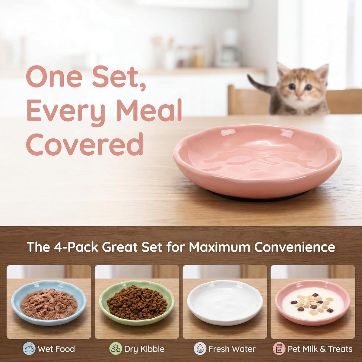 4 Pack Cat Food Bowl, Ceramic Cat Wet Food Bowls for Indoor Cats, Anti Whisker Fatigue Kitten Feeding Plate, Shallow Dog Dishes with Silicone Bottom for Puppy, Rabbit, Small Pet