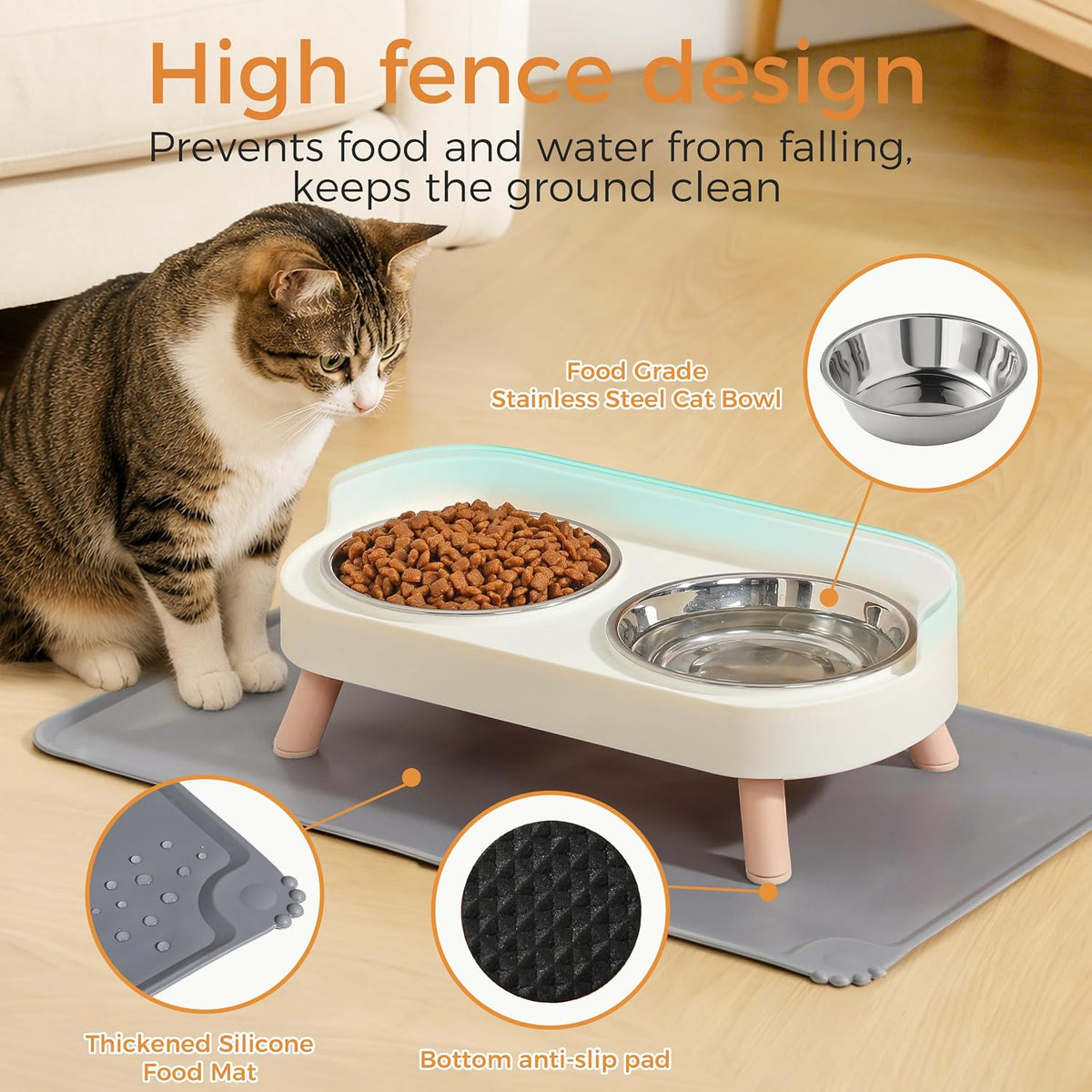 LoeJan Elevated Cat Bowls Set - Raised Cat Food and Water Bowl Set with Non Slip Stand - Pet Feeding Station with 2 Stainless Steel Bowls with Splash Proof Guard