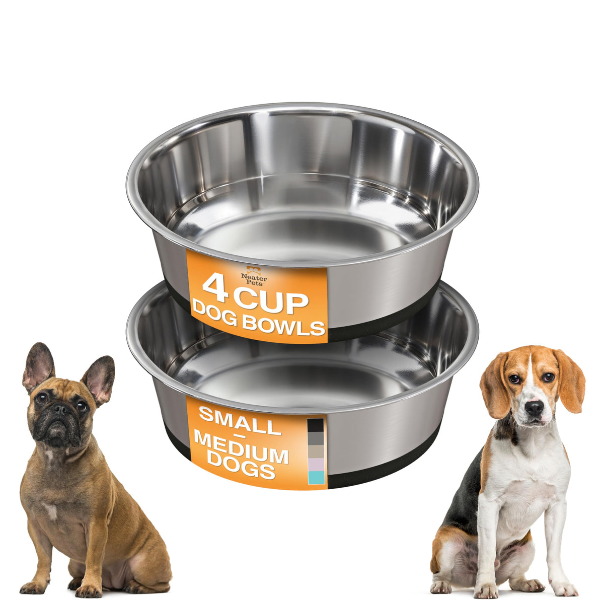 Neater Pet Brands Stainless Steel Dog Bowls with Non-Slip Rubber Bottom – 2 Cup (16 oz), Black - Set of 2 Heavy Duty Metal Dog Bowls, Dishwasher Safe, Food or Water Bowl, Ideal for Small Dogs & Cats