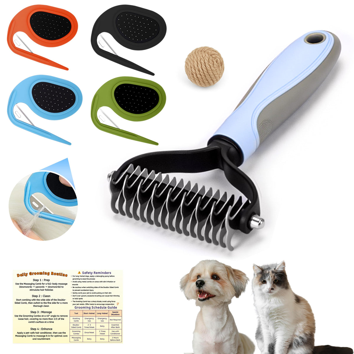 Double Sided Dematting Comb for Dogs & Cats - 2-in-1 Undercoat Rake & Double Coat Dog Brush, Pet Grooming Tool for Removing Mats & Deshedding (Blue)