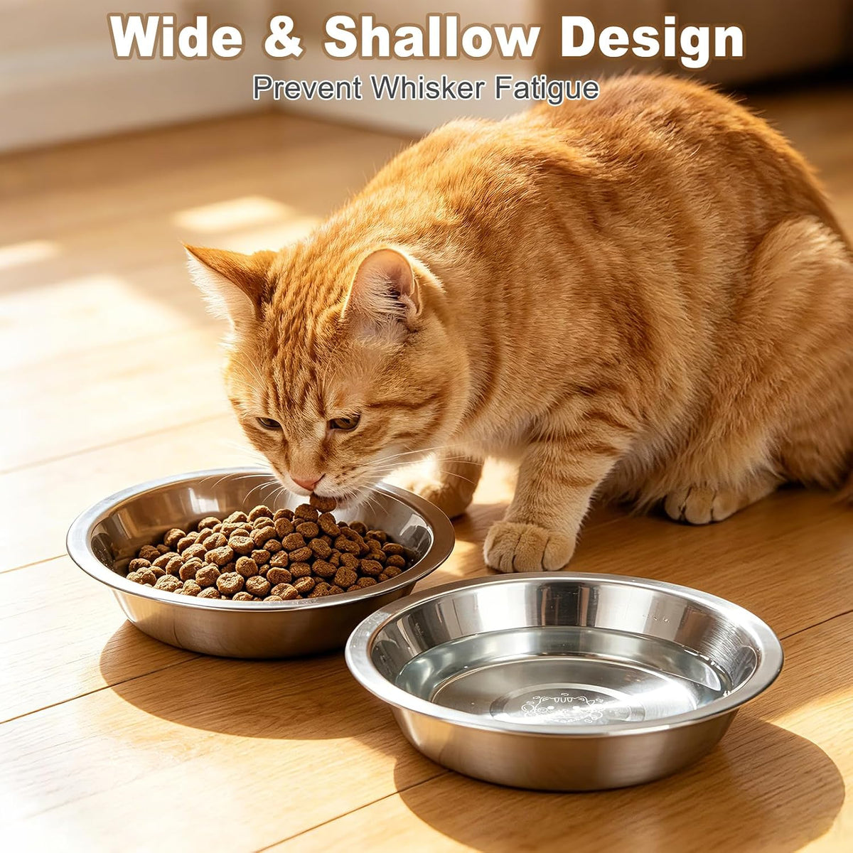 Stainless Steel Cat Bowls, 6 Pack Shallow Wide Whisker Fatigue Food Water Bowls, 6.3" Metal Cat Dishes with Non-Slip Bottom, Cute Cat Kitten Small Dog Bowl for Indoor Feeding or Elevated Stand