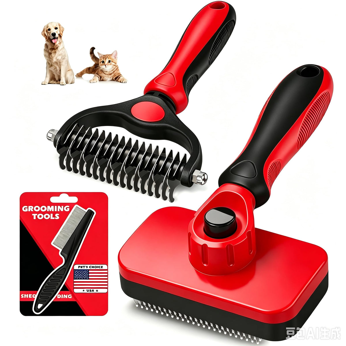 Professional 3PCS Self Cleaning Slicker Brush & Pet Grooming Rake & Flea Comb for Dogs,Cats and Horses | Double-Sided Dematting Comb & Skin Friendly Deshedding Grooming Tool (Red)