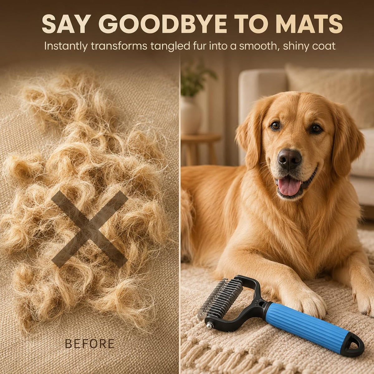 Pet Grooming Brush, Double-Sided Deshedding Dematting Tool for Dogs & Cats, Detangling Tool For Matted Fur, Ideal For Medium Or Long Haired Breeds (Blue)