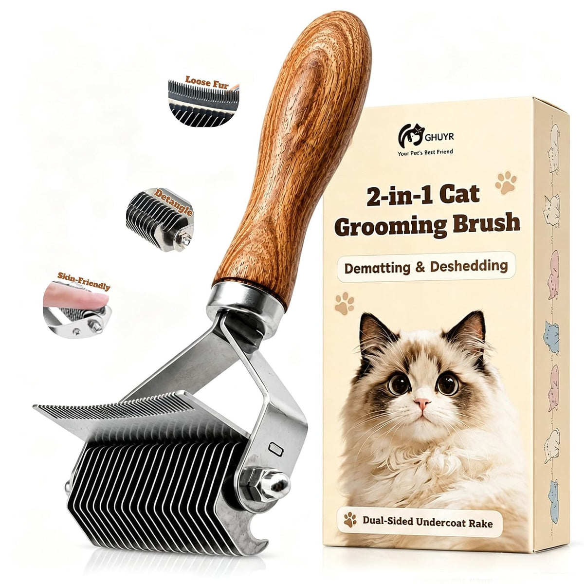 Cat Brush for Long Haired Cats, 2-in-1 Dematting & Deshedding Comb