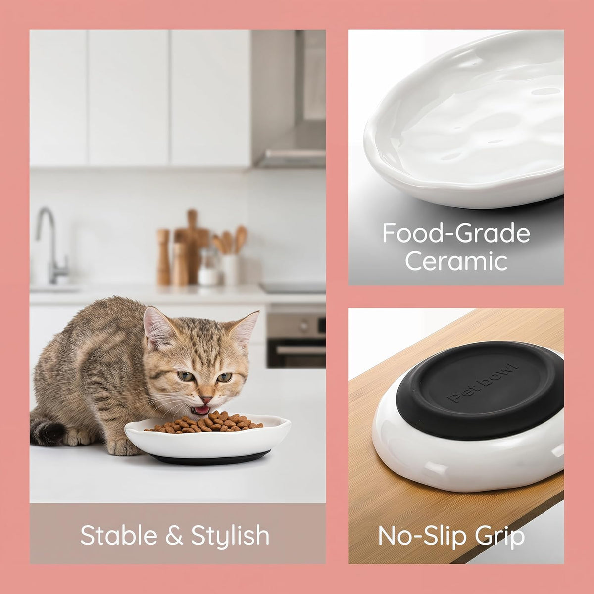 4 Pack Cat Food Bowl, Ceramic Cat Wet Food Bowls for Indoor Cats, Anti Whisker Fatigue Kitten Feeding Plate, Shallow Dog Dishes with Silicone Bottom for Puppy, Rabbit, Small Pet
