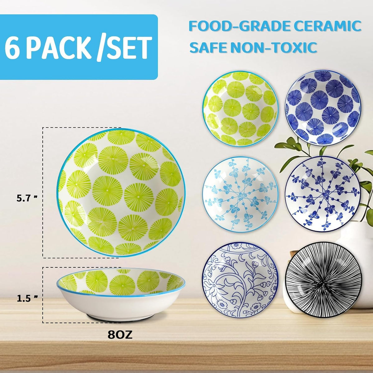 Ceramic Cat Food Bowls, 6 Pack 5.7-in Non-Slip Cat Dishes for Food, Water