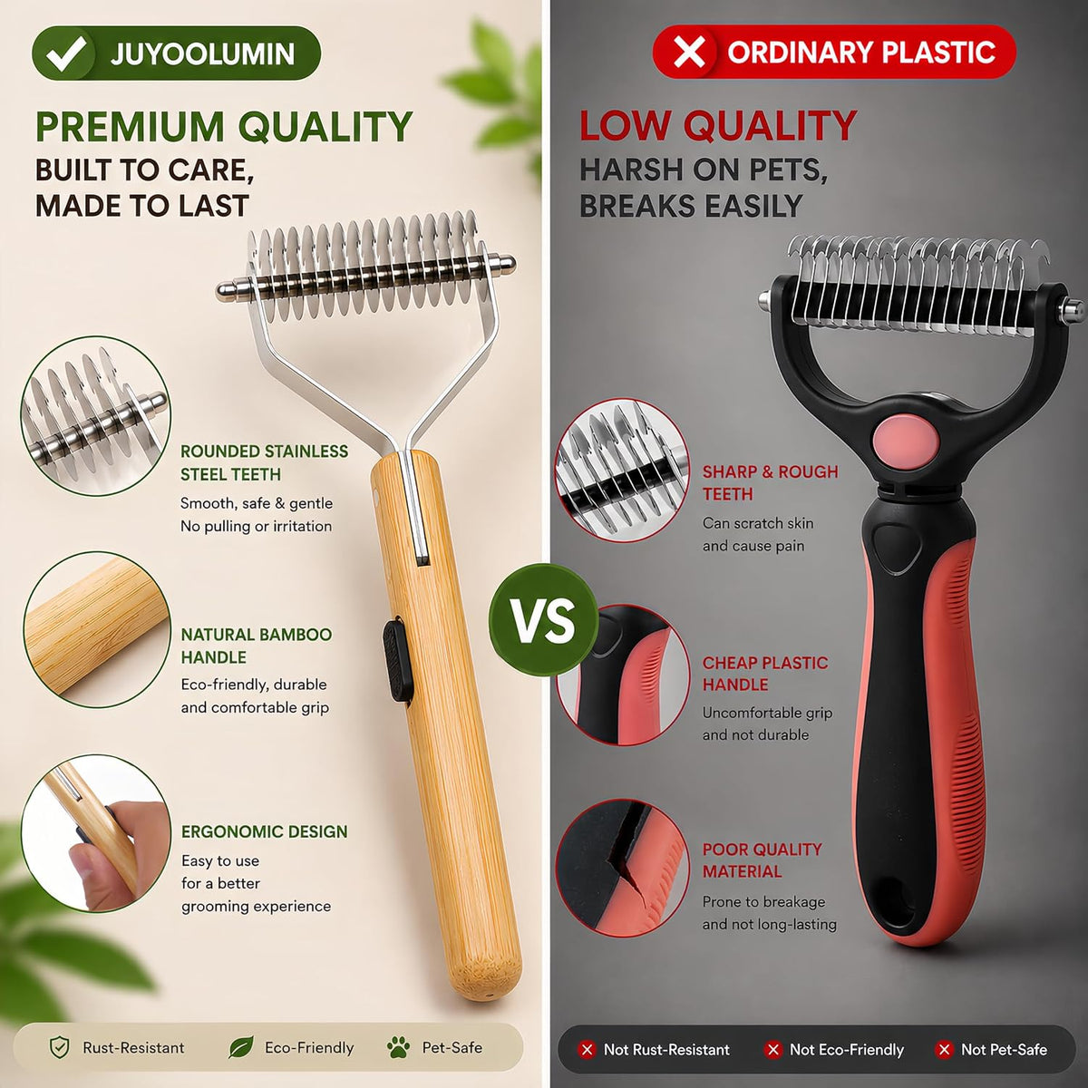 Cat Undercoat Rake & Dematting Comb, 4-in-1 Bamboo Grooming Tool
