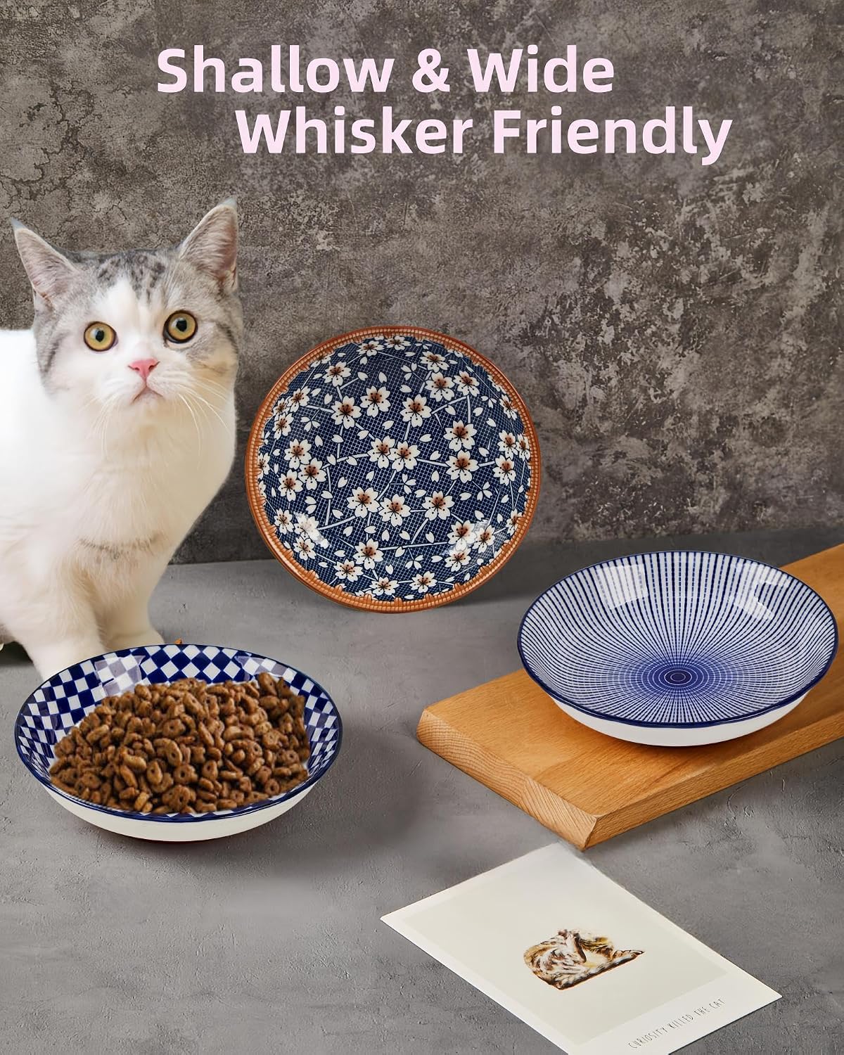 Whisker Fatigue Cat Bowl, Ceramic Cat Food Bowl Non-Slip, 3-Pack, 8oz, Boho