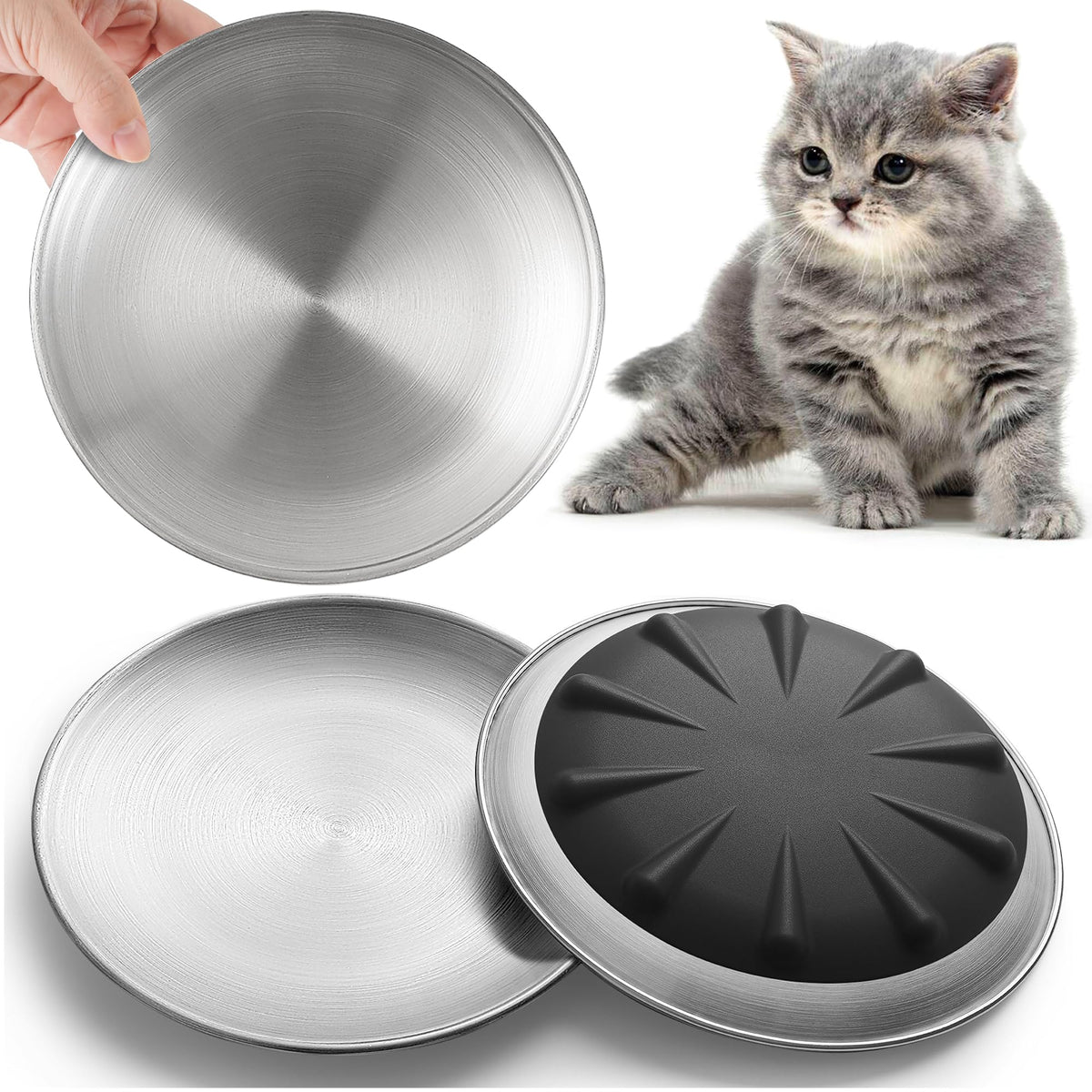 WROSWT 304 Stainless Steel Cat Plates for Wet Food, 6.7" Shallow/Wide Whisker Friendly Cats Food Bowls, Non-Slip Silicone Base,Easy to Clean Indoor Cat Feeding Dishes, 3 Pack