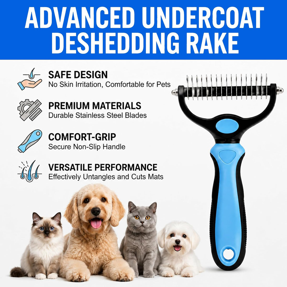 2-in-1 Double-Sided Pet Grooming Comb for Dogs & Cats - Deshedding Brush & Rounded-Tooth Dematting Tool | Painlessly Removes Knots, Tangles, Loose Undercoat & Fur in Thick/Long Coats (Blue-Large)