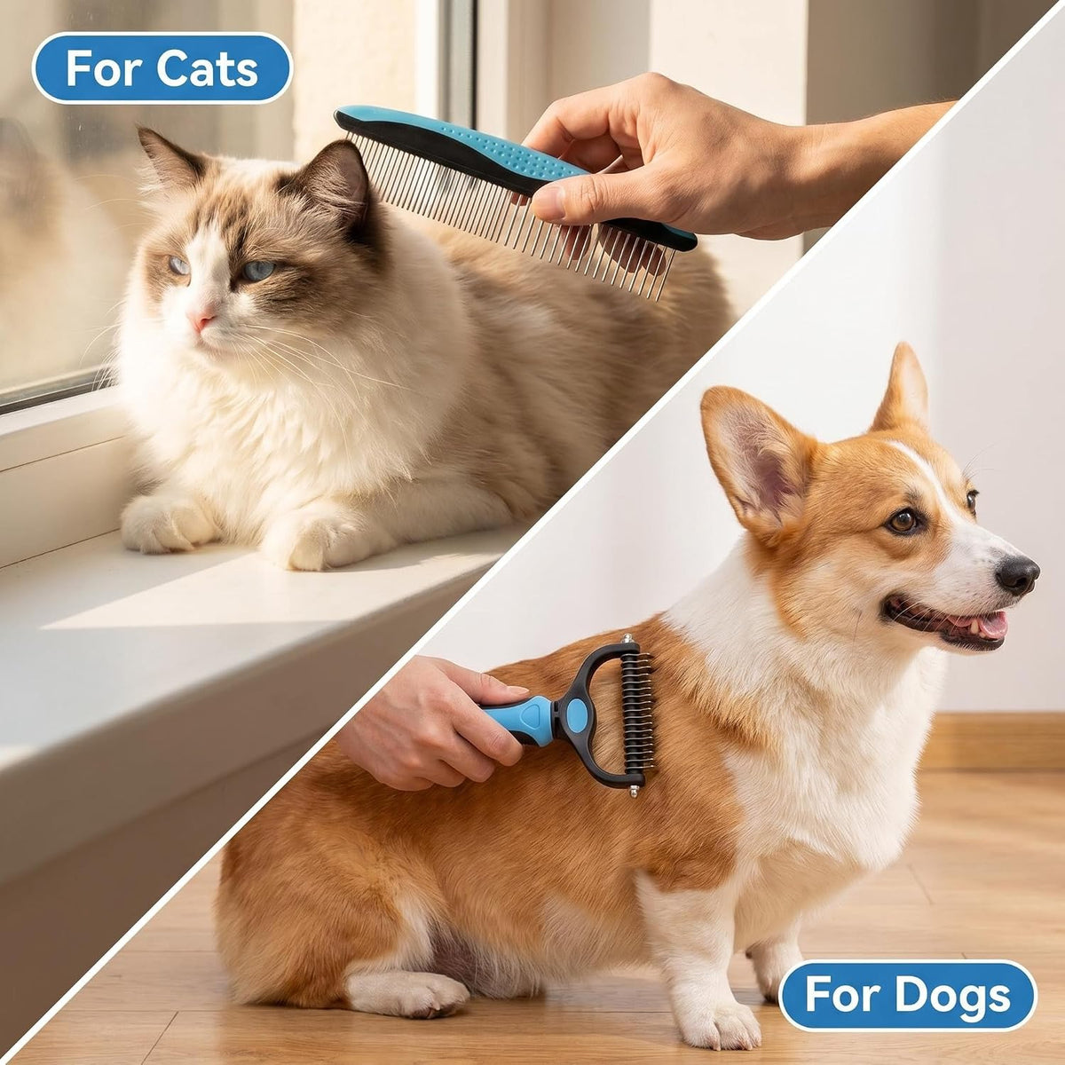 Dog Cat Grooming Brush Comb, 2-in-1 Deshedding Undercoat Rake