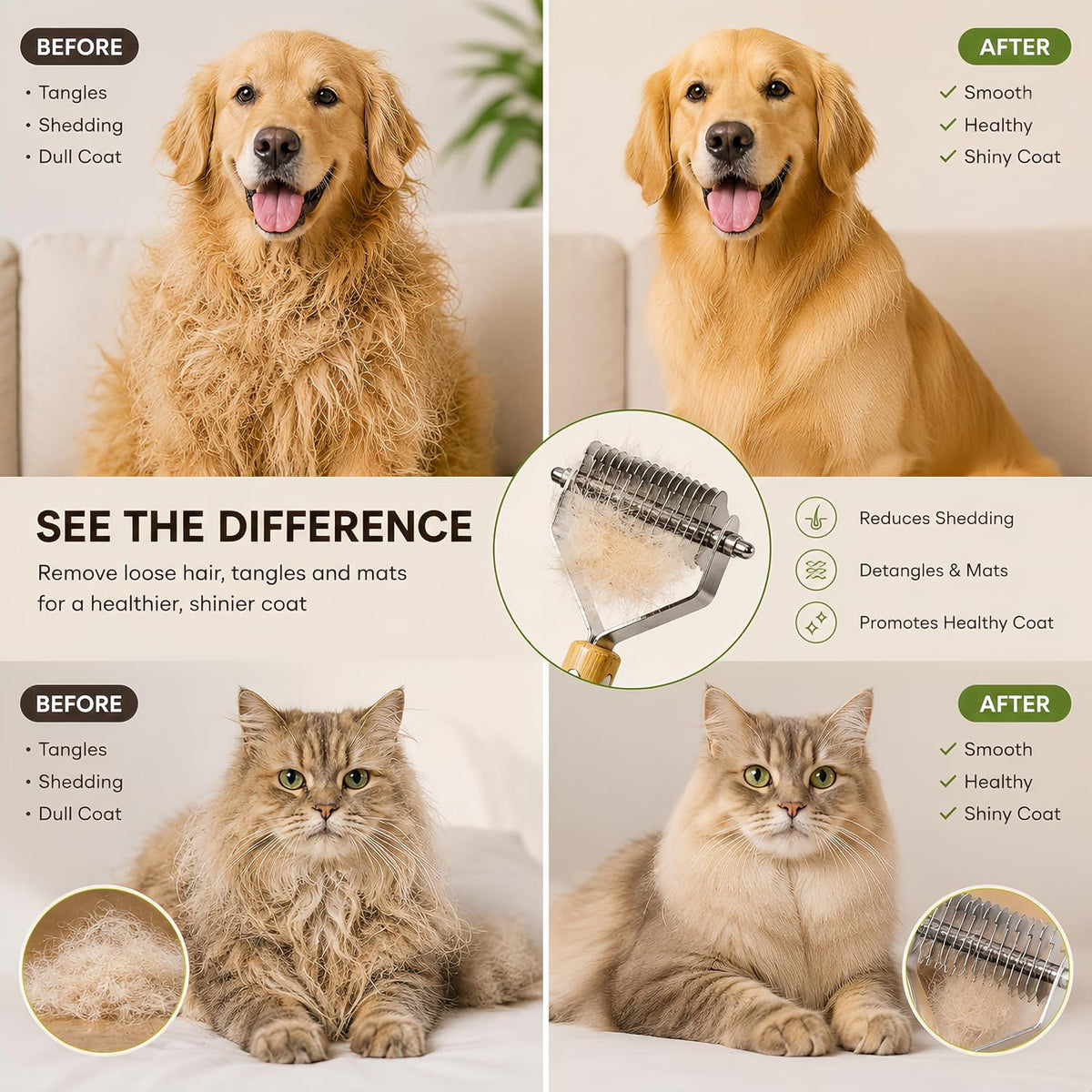 Cat Undercoat Rake & Dematting Comb, 4-in-1 Bamboo Grooming Tool