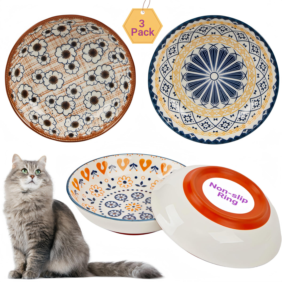 Whisker Fatigue Cat Bowl, Ceramic Cat Food Bowl Non-Slip, 3-Pack, 8oz, Boho