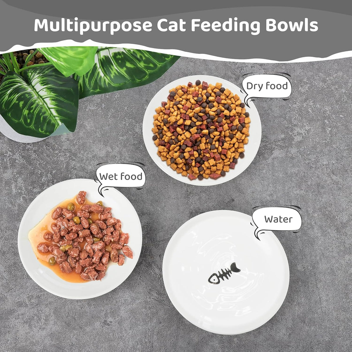 Ceramic Cat Bowls - 10 Pack, No Whisker Fatigue Wide Shallow Cat Dishes with Non-Slip Silicone Bottom, Pet Food & Water Plates, 15cm Diameter