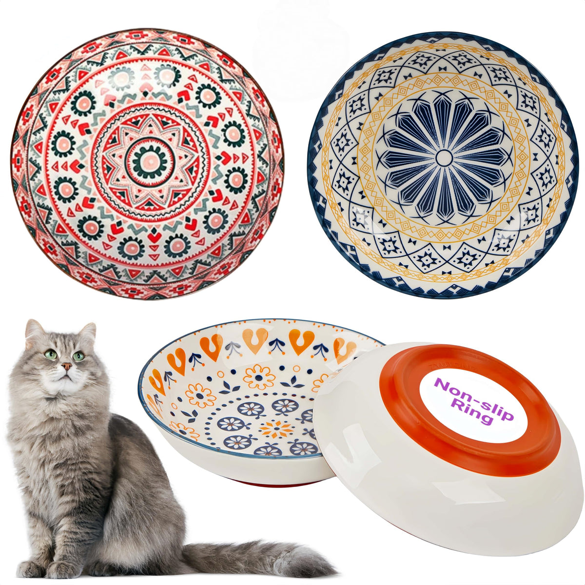 Whisker Fatigue Cat Bowl, Ceramic Cat Food Bowl Non-Slip, 3-Pack, 8oz, Boho