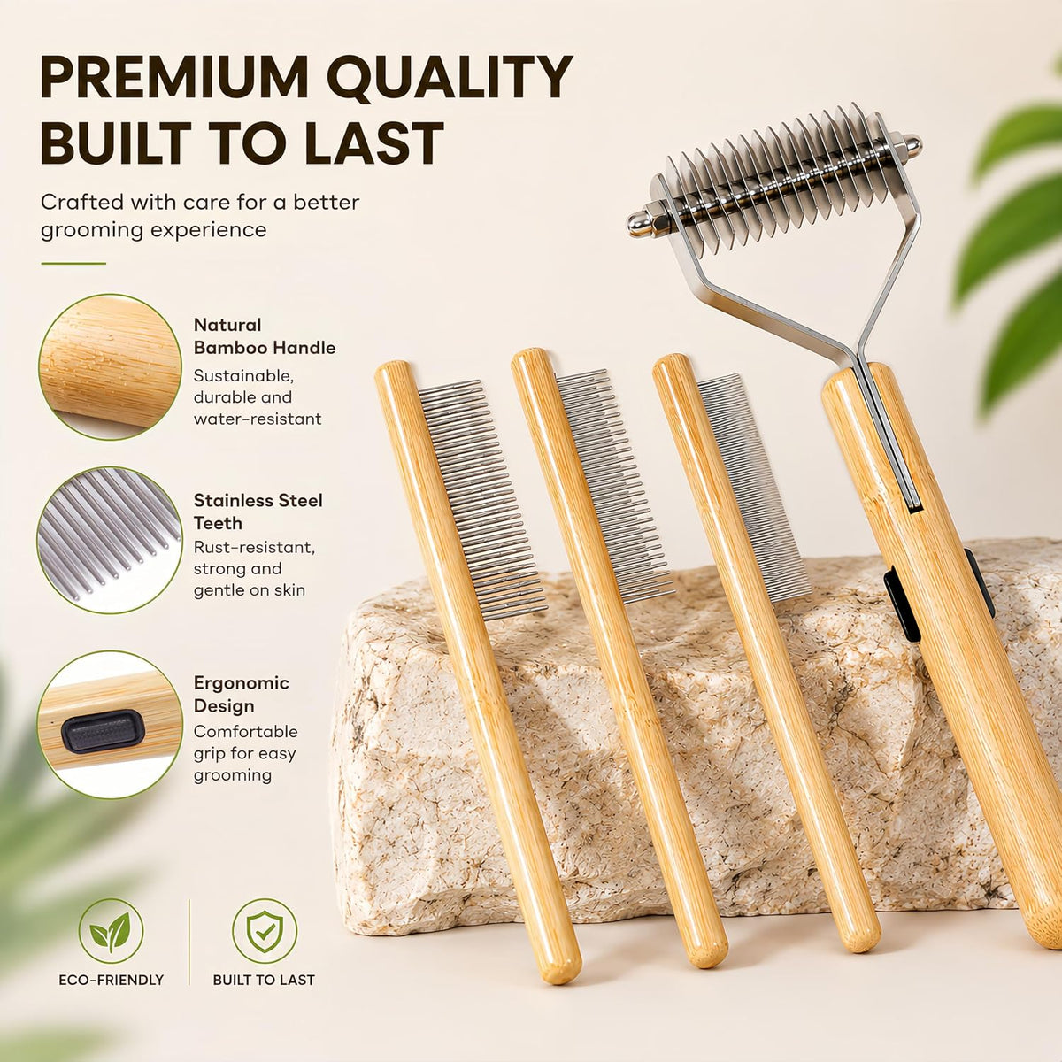 Cat Undercoat Rake & Dematting Comb, 4-in-1 Bamboo Grooming Tool